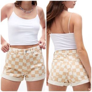 New NWT PacSun Checkerboard Mom Shorts Checkered Size 24 Denim Jean Cuffed Beige
